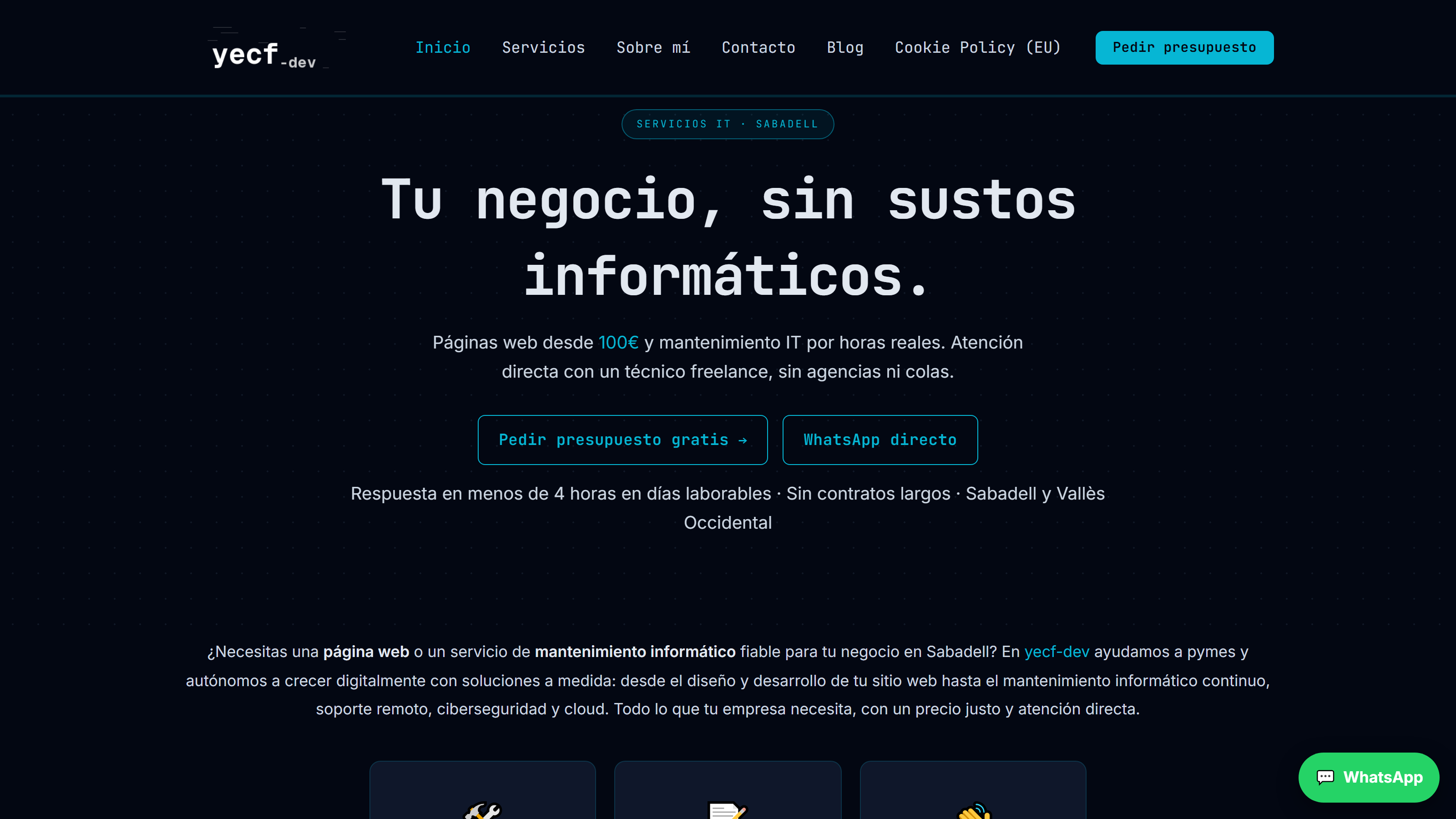 Captura del sitio yecf-dev mostrando la home con servicios IT